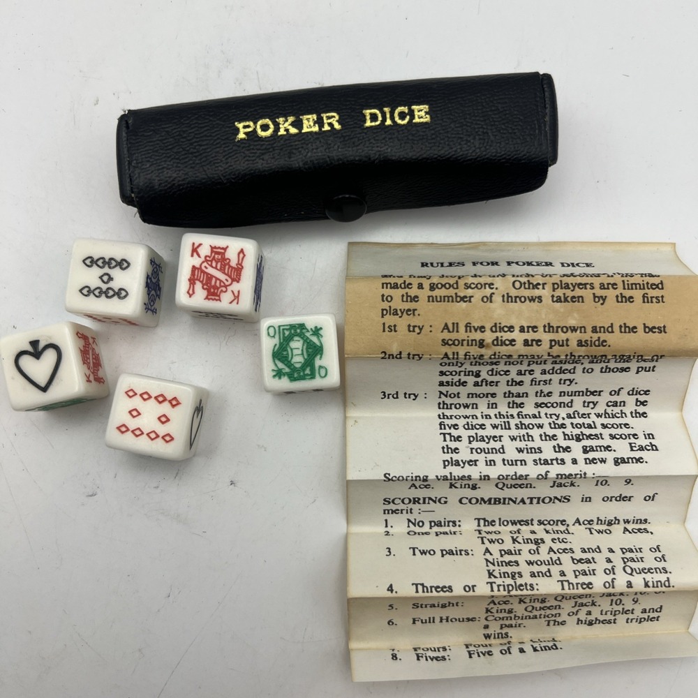 Vintage Wiljon England Poker Dice Set Real Leather Case Complete with Rules